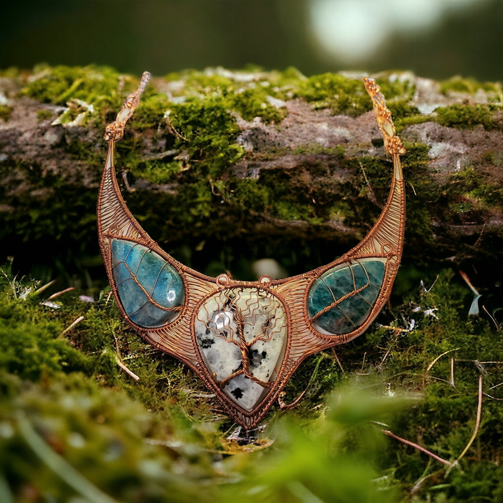 Natural Rainbow Moonstone bib necklace heady copper wire wrap choker Apatite le - Picture 3 of 10